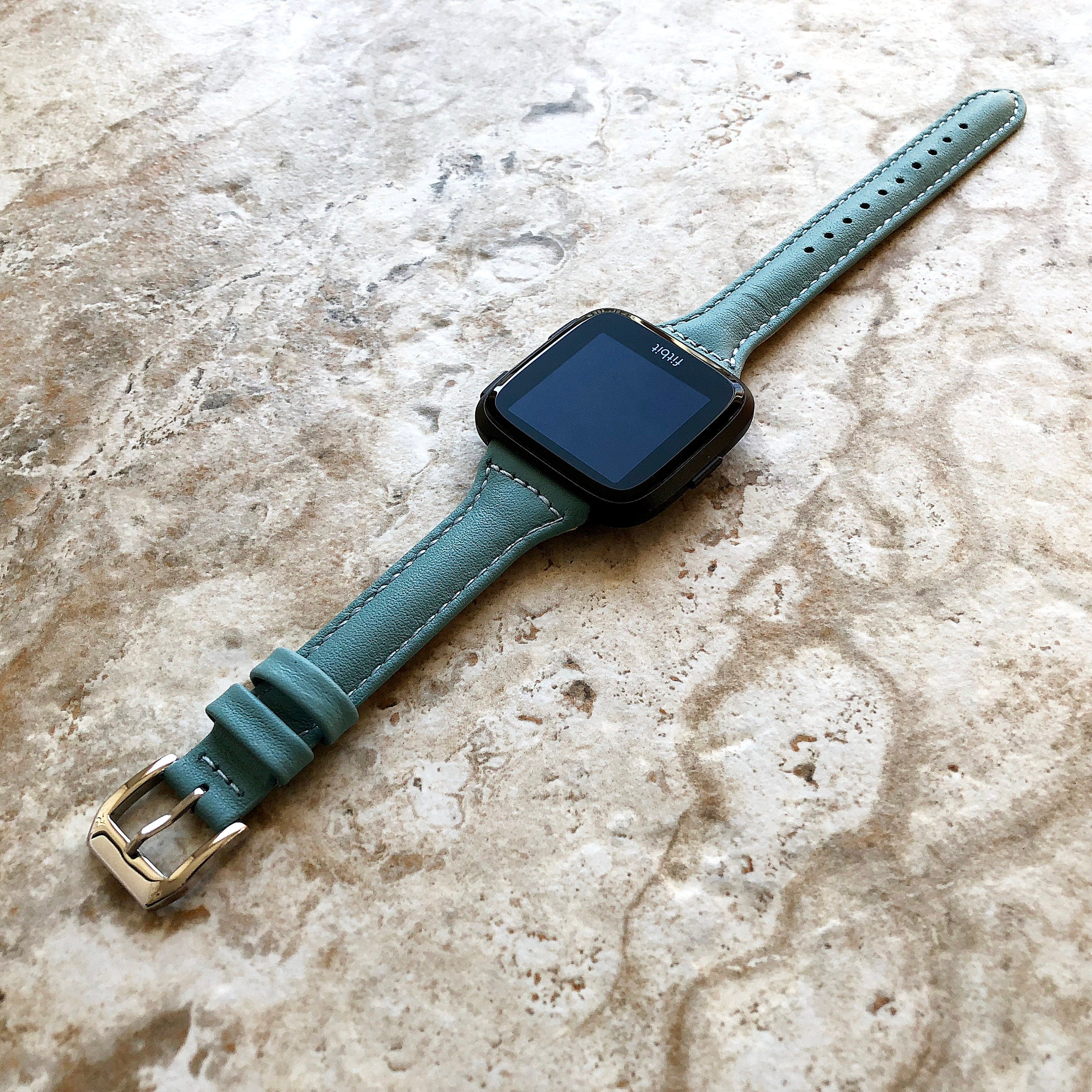 Fitbit Versa Lite 2 3 4 Sense 2 Band Blue Slim Elegant Leather Strap with Stitching Details and Quick Release Pins Adapters Silver Rose Gold